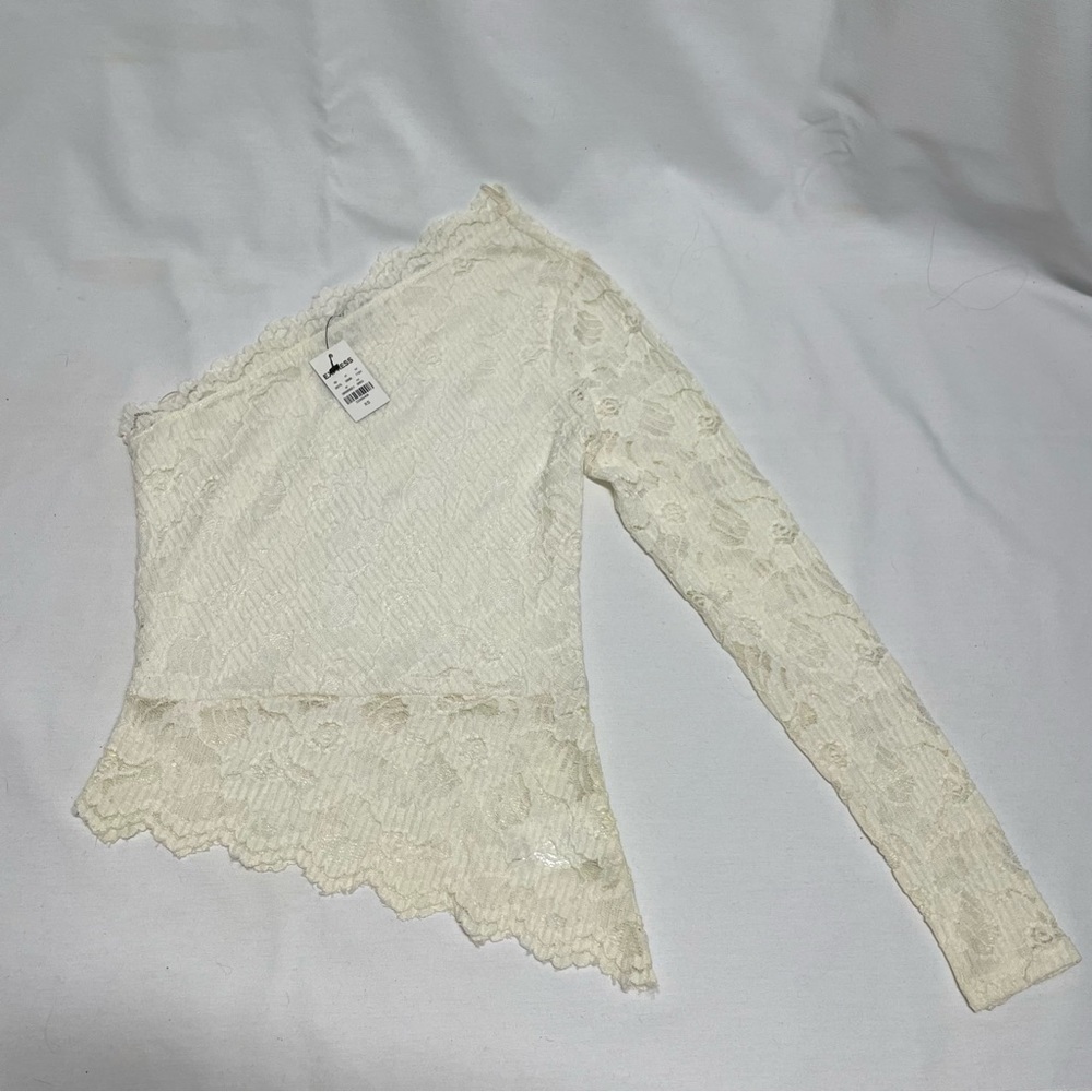 White lace asymmetrical one long sleeve top by Express size SX.